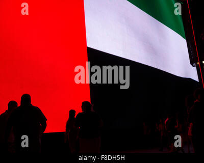 Silhouette des Menschen vor riesigen VAE (Vereinigte Arabische Emirate)-Flagge in der Dubai Mall. Stockfoto