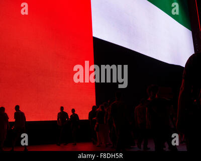 Silhouette des Menschen vor riesigen VAE (Vereinigte Arabische Emirate)-Flagge in der Dubai Mall. Stockfoto