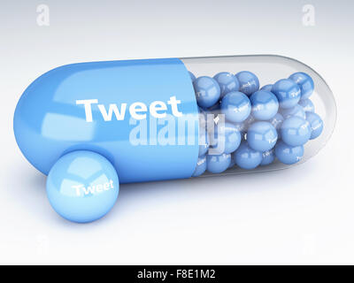 3D Renderer Bild. Pillen mit Tweets. Social Media und Networking-Konzept. Stockfoto