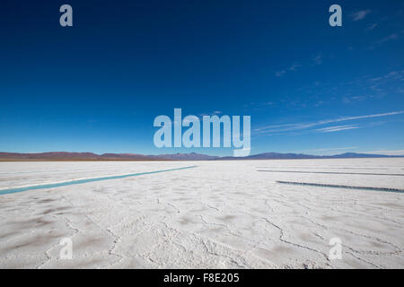 Panorama von einem der Salinas Grande vor blauem Himmel, eine riesige Salz in der Provinz Jujuy, Norden von Argentinien. Stockfoto