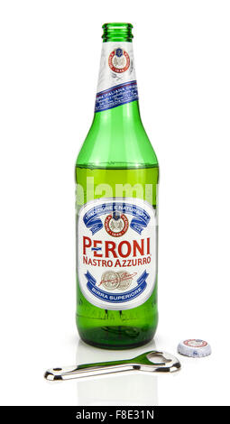 Geöffnete Flasche Peroni-Bier auf weißem Hintergrund Stockfoto