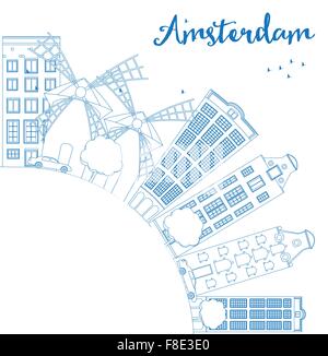 Umriss Amsterdam City Skyline mit blauen Gebäuden und Textfreiraum. Vektor-Illustration. Business-Reisen und Tourismus-Konzept Stock Vektor