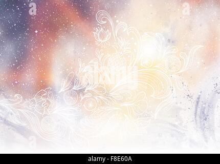 Verschwommen lila, orange und weiß Illustration mit Skizze Blumen, Früchte und Silhouetten "Wellenlinien" Stockfoto