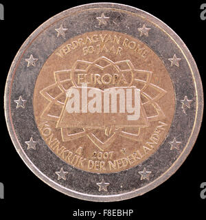 Eine Festschrift verteilt zwei-Euro-Münze von Niederlande in 2007 feiert den Jahrestag der Römischen Verträge ausgestellt. Bild Stockfoto