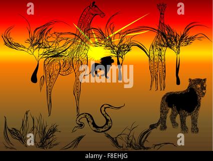 Tansania Safari. abstrakte Silhouette von Tieren und Bäumen gegen einen Sonnenuntergang Stock Vektor