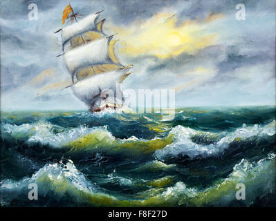 Original Ölgemälde von Segelschiff und Meer auf Leinwand. Stoem im Ozean. Moderne Impressionismus, moderne, marinism Stockfoto