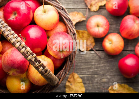 im Herbst Äpfel im Korb auf alten Holztisch Stockfoto