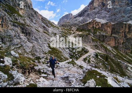 Wanderer bei Cinque Torri di Averau aus Nuvolau, Dolomiten, Belluno, Italien Stockfoto