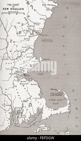 Diese Karte zeigt die Siedlungen in den Neuengland-Kolonien, Nord-Amerika im 17. Jahrhundert. Stockfoto