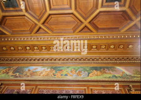 Die schöne hölzerne Schnitzen Decke der ungarischen Staatsoper in Budapest, Ungarn. Stockfoto