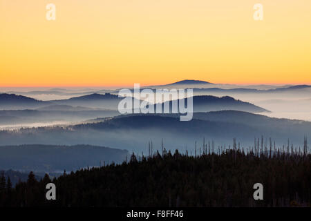 Blick vom Berg Lusen über den Bayerischen Wald bedeckt im Nebel bei Sonnenaufgang, Nationalpark Bayerischer Wald, Bayern, Deutschland Stockfoto