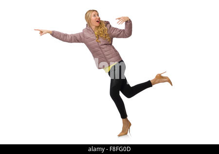 Hübsches Mädchen im Winterjacke isoliert auf weiss Stockfoto