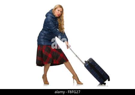 Hübschen weiblichen Modell in blauer Jacke isoliert auf weiss Stockfoto