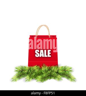 Weihnachts-Shopping Verkauf Tasche mit Tannenzweigen Stock Vektor