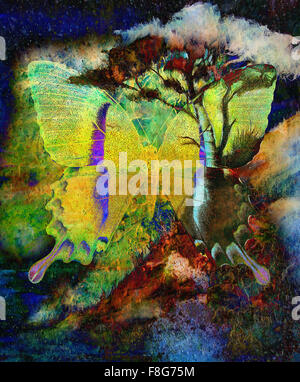 abstrakte Farbe Hintergrund, Malerei Collage mit Flecken, Rost Struktur und Schmetterling. Blau, schwarz, gelb, rot und grün Stockfoto