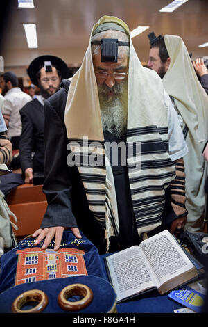 Ein orthodoxen jüdischer Mann liest aus einem Gebet-Buch mit der Hand auf eine Tora-Rolle auf eine Synagoge in Brooklyn, New York City Stockfoto