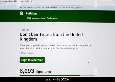 VEREINIGTES KÖNIGREICH. 10. Dezember 2015.  Eine Online-Petition an die britische Regierung und Parlament mit dem Ziel, die verhindern, dass Donald Trump besuchen das Vereinigte Königreich hat mehr als 350.000 Unterschriften gesammelt. Mit Facebook-Nutzer teilen die Links auf ihren Seiten. Es gibt auch eine Petition an Donald Trump in das Vereinigte Königreich zu ermöglichen, obwohl er verboten ist nicht gehindert. Bildnachweis: Mick Flynn/Alamy Live-Nachrichten Stockfoto