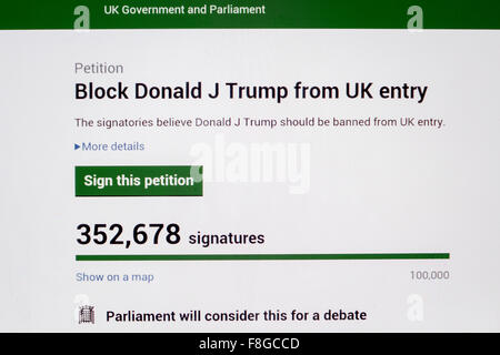 VEREINIGTES KÖNIGREICH. 10. Dezember 2015.  Eine Online-Petition an die britische Regierung und Parlament mit dem Ziel, die verhindern, dass Donald Trump besuchen das Vereinigte Königreich hat mehr als 350.000 Unterschriften gesammelt. Mit Facebook-Nutzer teilen die Links auf ihren Seiten. Es gibt auch eine Petition an Donald Trump in das Vereinigte Königreich zu ermöglichen, obwohl er verboten ist nicht gehindert. Bildnachweis: Mick Flynn/Alamy Live-Nachrichten Stockfoto