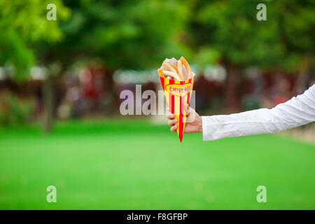 Leckere heiße süße Churros in Papier Tasche Hintergrund grünen park Stockfoto