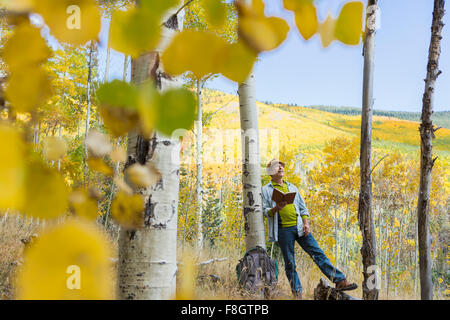 Mann Lesebuch im herbstlichen Wald Stockfoto