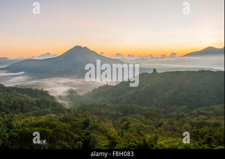Kuppen über Morgennebel in abgelegenen Landschaft, Kintamani, Bali, Indonesien Stockfoto