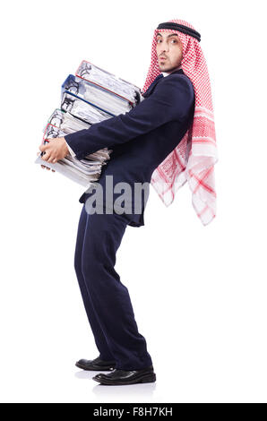 Arabische Geschäftsmann mit vielen Ordnern auf weiß Stockfoto