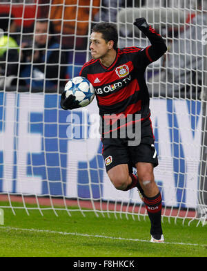 Leverkusen, Deutschland. 9. Dezember 2015. Javier Hernandez Chicharito feiert erzielte das 1:0-Tor (Bayer 04 Leverkusen), während die Champions-League-Spiel zwischen Bayer 04 Leverkusen und dem FC Barcelona, Bayarena in Leverkusen am 9. Dezember 2015. Bildnachweis: Dpa picture Alliance/Alamy Live News Stockfoto