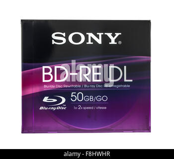 Sony 50GB wiederbeschreibbare Blu-Ray-Datenträger auf einem weißen Hintergrund Stockfoto