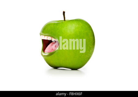 Grüner Apfel mit offenem Mund auf weiß Stockfoto