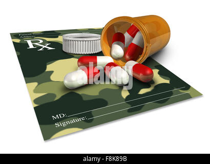 Militärmedizin Konzept als Arzt Rezept mit einer Camouflage-Muster für erfahrene Soldat Therapie oder ein Symbol für Arzneimittel in den Streitkräften. Stockfoto