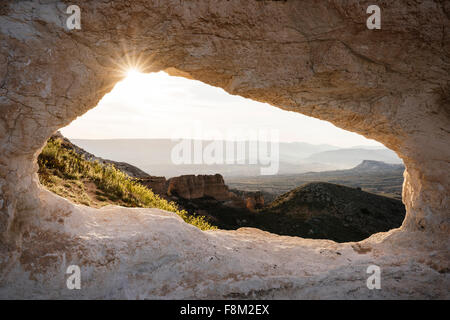 Blick vom Aktepe Hill bei Sonnenaufgang, Nationalpark Göreme, Kappadokien, Anatolien, Türkei Stockfoto
