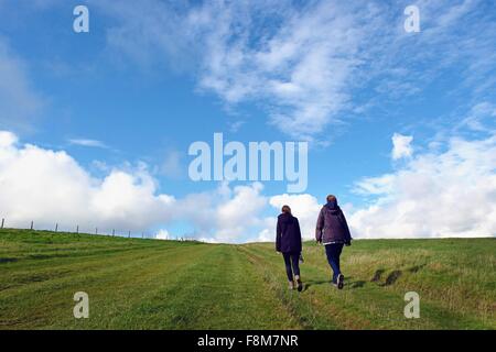 Mutter und Tochter, die zu Fuß in Feld, hintere Ansicht, South Downs, East Sussex, UK Stockfoto