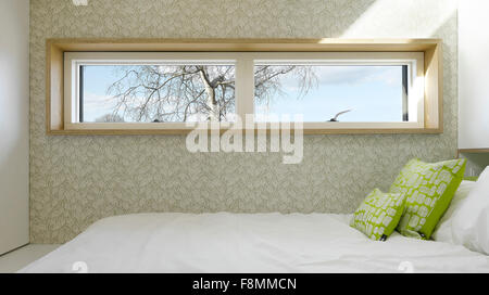 Dwelle, Manchester. Ein Schlafzimmer in der Dwelle Entwicklung in Manchester von hoher Qualität, Null Kohlenstoff vorgefertigte Eco Gebäude. Stockfoto