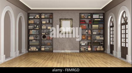 Luxus-Wohnzimmer mit großen Bücherregal voller Bücher und Objekte - 3D Rendering Stockfoto