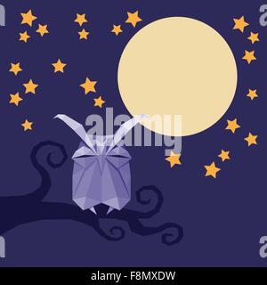 Vektor Origami isoliert Tier. Niedliche Dreieck Eule mit Sternen und Mond am Nachthimmel zu schlafen Stock Vektor