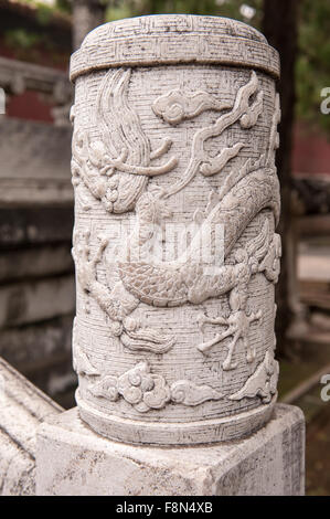 Traditionelle chinesische Schnitzerei des Drachens auf Steintreppen Stockfoto