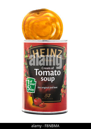 Offen kann von Heinz Tomatensuppe gedreht im Studio auf weißem Hintergrund Stockfoto