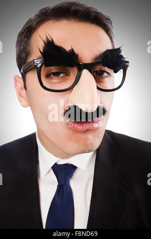 Lustige Geschäftsmann mit Augenbrauen und Schnurrbart Stockfoto