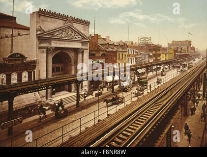 Gebäude und Hochbahn Spuren entlang der Bowery, New York City, USA, um 1900 Stockfoto