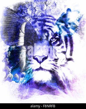 Porträt-Tiger mit Adler und Schmetterling Flügel... Farb-abstrakten Hintergrund und Ornament, Vintage Struktur. Tier-Konzept. Blaue, schwarze und weiße Farbe. Stockfoto