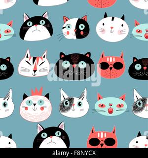Grafischen Musterdesign Portraits von Katzen auf blauem Hintergrund Stock Vektor