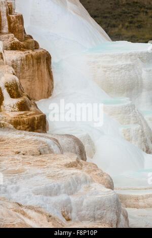 Erdwärme Strom von heißen, Carbonat reichen Wasser, Formulare, cascading, orangefarbenen und weißen Travertin und Kalkstein Terrassen. Stockfoto