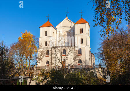 Kirche der Heimsuchung Mariens, Trakai, historische Stadt und den See Resort in Litauen an einem sonnigen Tag mit einem klaren wolkenlosen blauen Himmel Stockfoto