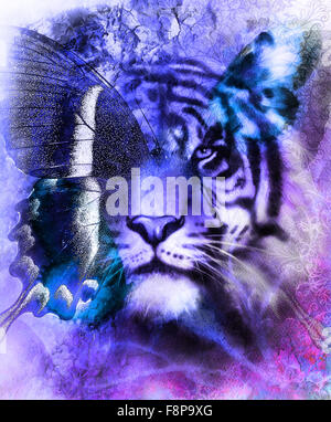 Porträt-Tiger mit Adler und Schmetterling Flügel... Farb-abstrakten Hintergrund und Ornament, Vintage Struktur. Tier-Konzept. Stockfoto