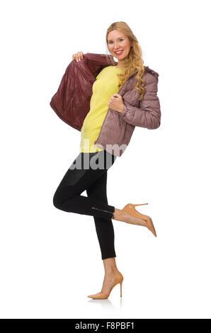 Hübsches Mädchen im Winterjacke isoliert auf weiss Stockfoto