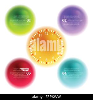 Leuchtende 3d Kugeln und Uhr für Infografik Design. Vektor-Hintergrund Stock Vektor
