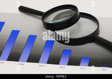 Studium der Geschäftschancen - Lupen über die Balkendiagramme Stockfoto