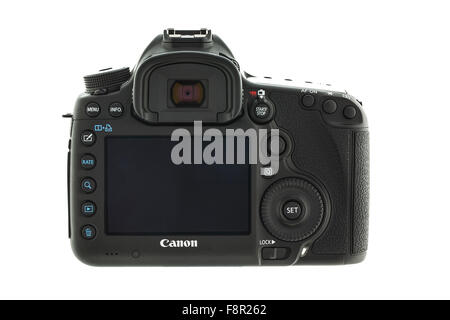Rückansicht von einer Canon 5D Mark III DSLR-Kamera auf einem weißen Hintergrund Stockfoto