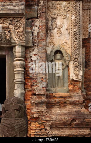 Detail-Wand-Dekorationen von Preah Ko, Rolus Gruppe Tempel Kambodscha Stockfoto