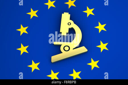 Forschung, Wissenschaft und medizinische System in Europa-Konzept mit EU-Flagge und Mikroskop-Symbol-Symbol. Stockfoto